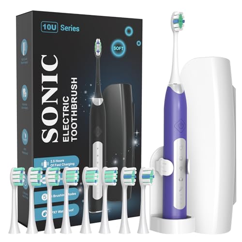 ANVS Sonic Electric Toothbrushes for Adults - Rechargeable Electric Toothbrush with Travel Case, 8 Brush Heads, 5 Modes and a Holder, Power Whitening Toothbrush Fast Charge for 90 Days Use(Purple)