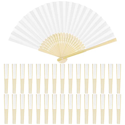 Aodaer 30 Pieces Paper Folding Fans Bamboo Handheld Fans Paper Folded Fans