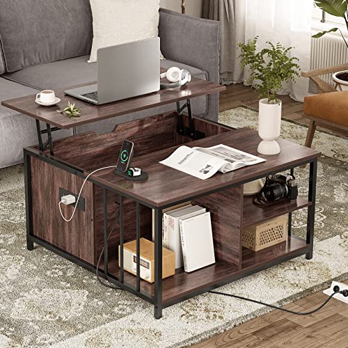 Farmhouse Lift Top Coffee Table with Storage and Charging Station, Retro Brown