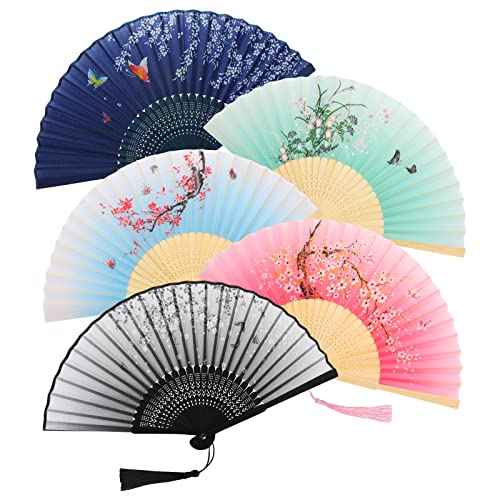 Silk Fringed Hand Fans for Wedding, Party, Gifts (5 pcs)