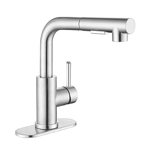 APPASO Bar Sink Faucet, Brushed Nickel Kitchen Faucet with Pull-Out Sprayer Stainless Steel, Modern Single Handle Bathroom Utility Faucet, Pull Down Spray Small Faucet for RV Camper Outdoor Restroom