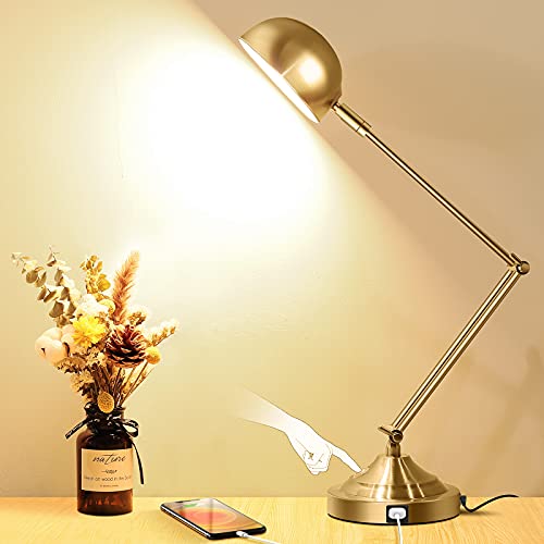 TOBUSA Vintage Brass Desk Lamp with USB Port & Touch Control