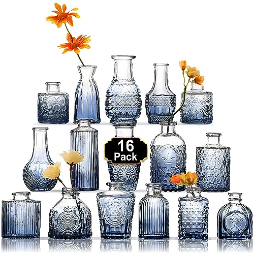 Arme Bud Vase Set - Vintage Blue Glass Vases for Flower Decor