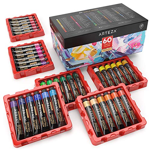 ARTEZA 60 Color Acrylic Paint Set with Metallics, Rich Pigments, Non-Toxic