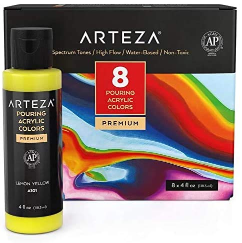 ARTEZA 8 Rainbow Acrylic Pouring Paint Set for Multiple Surfaces