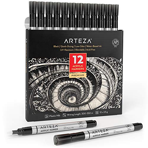 ARTEZA Black Acrylic Paint Markers - Pack of 12