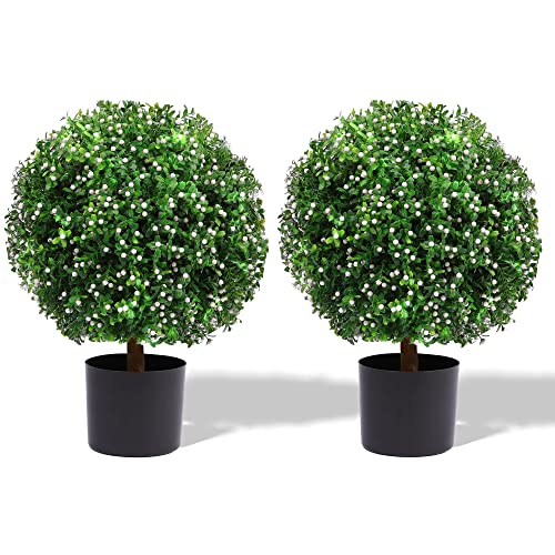 Artificial Boxwood Topiary Ball Tree, Set of 2 - Outdoor Indoor Potted Bushes with White Flowers