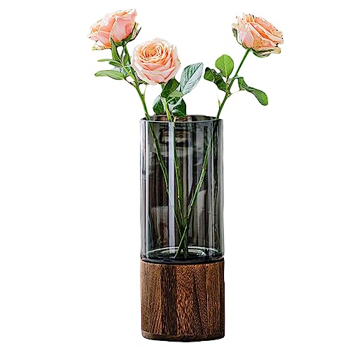 Boho Rustic Wood Glass Vase, 10" H, Cylindrical Flower Vase with Wooden Base