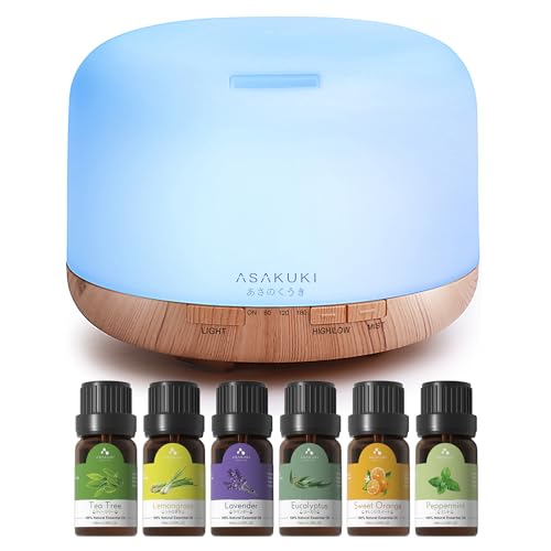 ASAKUKI 500ml Aromatherapy Diffuser & Essential Oils Set with 14 LED Colors