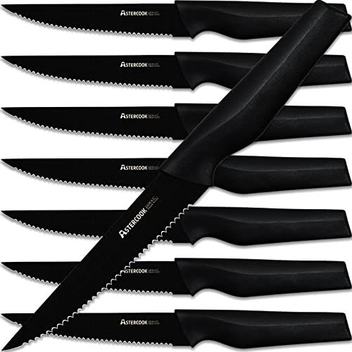 Astercook Steak Knives, Steak Knives Set of 8, Dishwasher Safe High Carbon Stainless Steel Serrated Steak Knife, Black