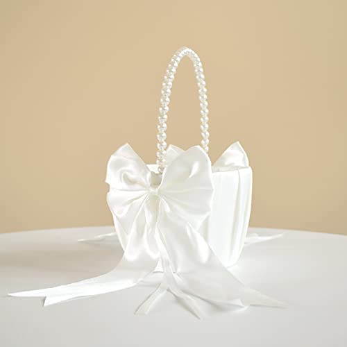 ATAILOVE Wedding Flower Girl Basket with Cute Pearl Handle Bowknot Satin Flower Baskets for Wedding Ceremony - Ivory