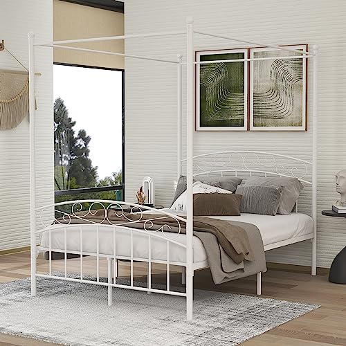 AUFANK White Metal Canopy Bed Frame with Headboard and Footboard