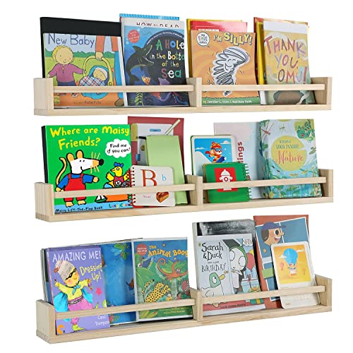 Wooden Wall Mounted Nursery Bookshelves Set, 32inch, Natural Wood Color