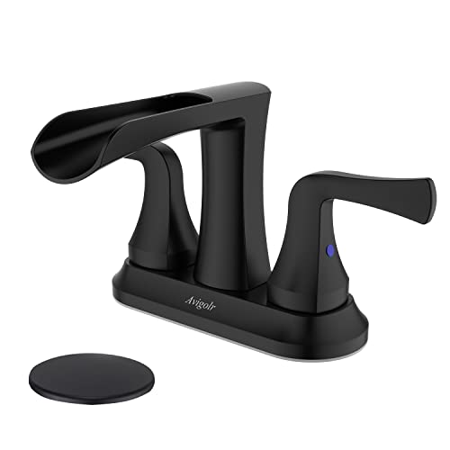 Avigolr Waterfall Bathroom Faucet, Two Handle Bathroom Sink Faucet, 4 Inch Centerset Waterfall Bathroom Faucet for Sink 3 Hole with Pop Up Drain, Vanity Faucet Farmhouse RV Bathroom(Matte Black)