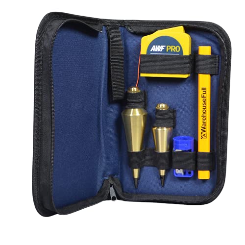 AWF PRO Plumb Bob Kit - 16 oz and 8 oz Solid Brass Plumb Bobs, 14 ft Retractable Line Reel with Magnetic Base, 2 Pencils, Pencil Sharpener, Carrying Case