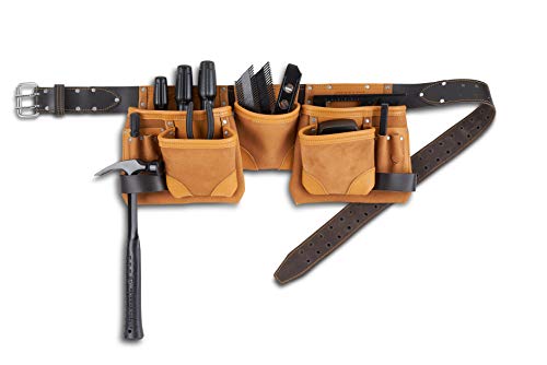 AWP Classic Leather Tool Apron, Crafted from Top-Grain Leather, Premium Tool Belt with Dual-Prong Roller Buckle, Fits Waists Up to 50 Inches, Tan,Black