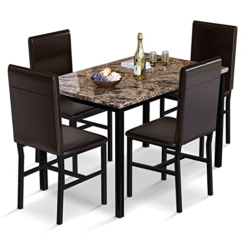 AWQM 5 Piece Faux Marble Dining Set with PU Leather Chairs, Brown