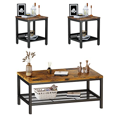 AWQM Coffee Table Set with 2 End Tables, Modern Rustic Brown