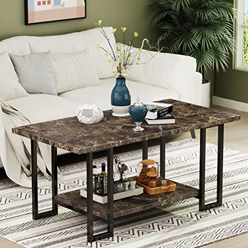 AWQM Marble Coffee Table with Black Metal Frame, 2 Tier Living Room Table for Living Room, Office, Balcony - Brown, 40 Inch
