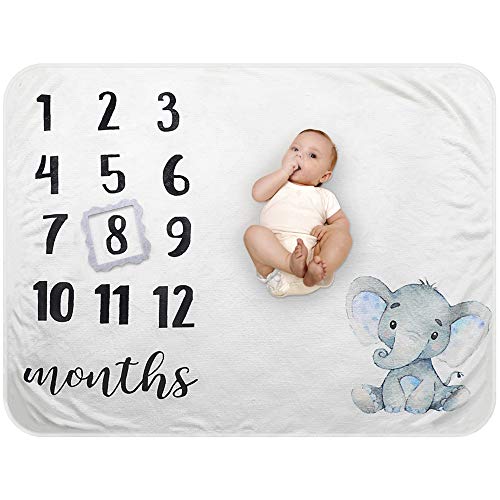 Baby Monthly Milestone Blanket - Organic Plush Fleece Photography Background Prop for Boy Girl Newborn Soft Elephant Blanket with Frame Large 47''x40''
