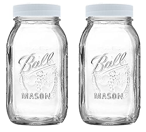 Ball Regular Mouth 32-Ounces Quart Mason Jars with White M.E.M Food Storage Plastic Lids