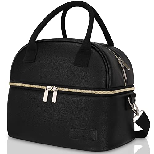 BALORAY Lunch Bag for Women Men, Double Deck Lunch Box for Adults, PU Leather Lunch Tote Bag Insulated Lunch Bags with Strap for Work Office Picnic (Solid Black)