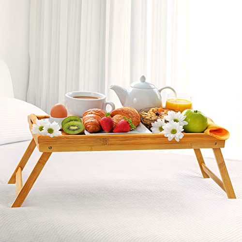 Bamboo Bed Tray Table with Folding Legs and Phone Holders