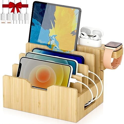 Bamboo Charging Station for Multiple Devices with Watch & Earbuds Stand