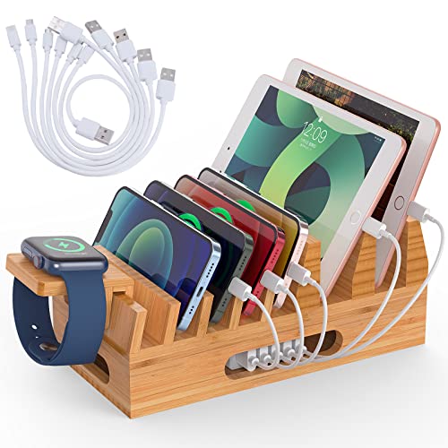 Bamboo Charging Station for Multiple Devices, Alltripal Wood Desktop  Docking Station 7-Port Multi-Charger Organizer Fast USB Charger Compatible  with