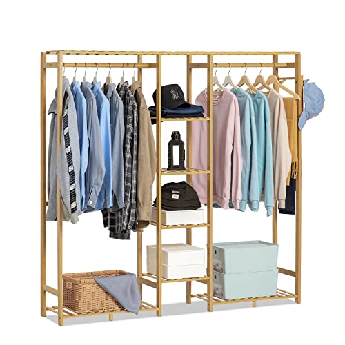 Bamboo Clothes Rack with Double Rods and Storage Shelves