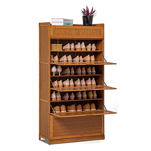 Bamboo Shoe Organizer Cabinet with Pull-Down Door