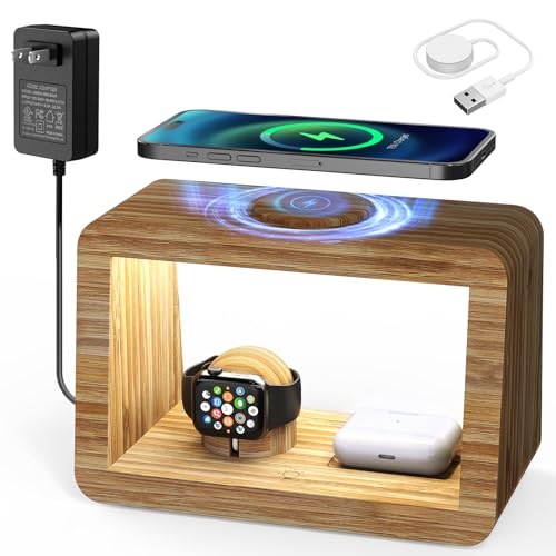Bamboo Wireless Charging Station: 3-in-1 Charger with Night Lights