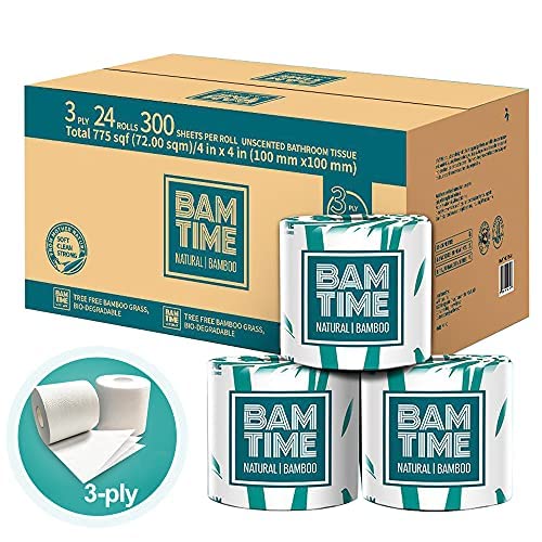 Tree-Free Eco-Friendly Bamboo Toilet Paper - 24 Rolls, 3-Ply 300 Sheet Per Roll