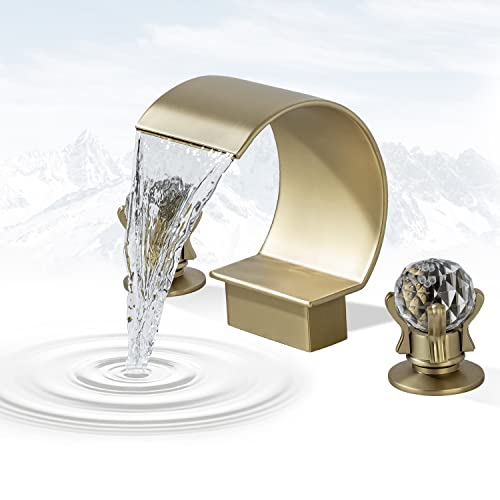 Waterfall Bathroom Faucet with Crystal Handles, Brushed Gold