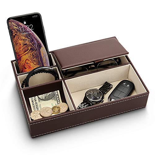 BY Mens Valet Tray - 5 Compartment Leather Organizer (Brown)