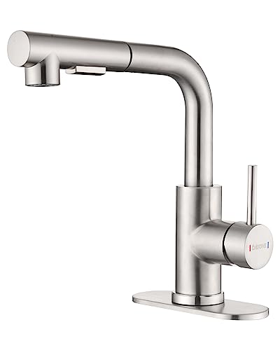 Bar Sink Faucet Brushed Nickel with Pull Out Sprayer, DAYONE Modern Stainless Steel Kitchen Faucets, Utility Single Hole/Handle Mini Bar Faucet Tap for RV