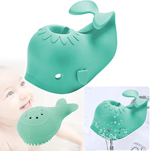 Silicone Whale Bathtub Spout Cover and Baby Bath Brush Set