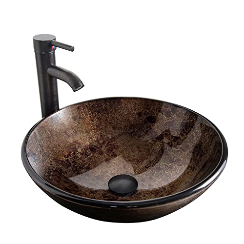 Puluomis 16.5" Artistic Glass Bathroom Vessel Sink Set, Brown