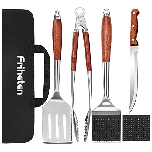 17'' Rose Wooden BBQ Grill Tools Set with Stainless Steel Utensils