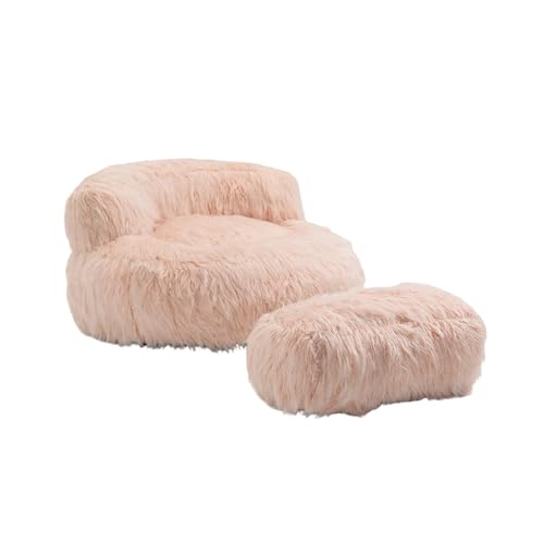 TXFTRR Cozy Pink Shaggy Bean Bag Chair with Ottoman & Support