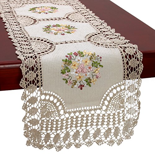 Grelucgo Beige Crochet Cotton Lace Table Runner Dresser Scarf