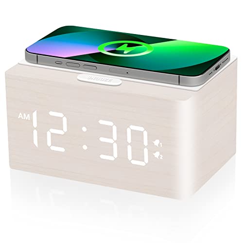 Bebcoo Digital Wooden Alarm Clock with 10W Fast Wireless Charging, Dual Alarm with Weekday/Weekend, Stepless Dimmer, Snooze, 12/24H, USB Charging Station, Wood LED Clock for Bedroom/Office (White)