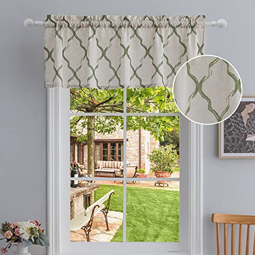 Green Geometric Printed Linen Textured Valance for Small Window Privacy