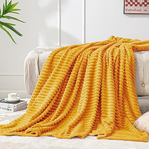 BEDELITE 3D Ribbed Jacquard Decorative Yellow Throw Blanket