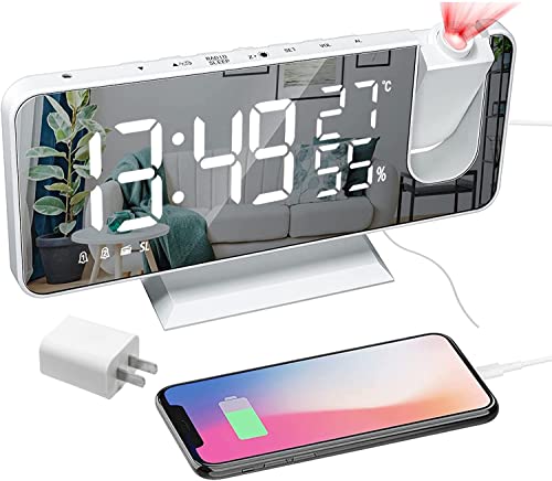 Bedroom Projection Alarm Clock with Radio, USB Charger, Large LED Display