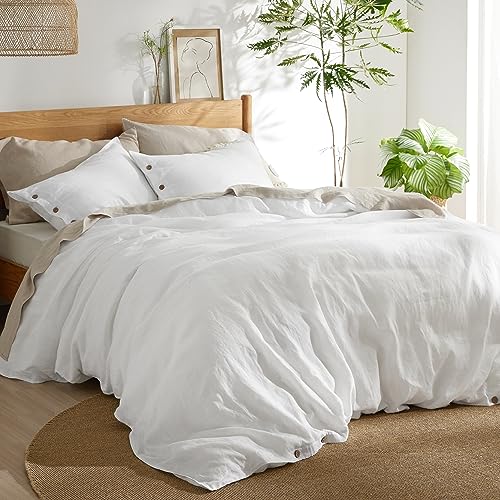 Ivellow Pure Linen Duvet Cover Set 100% Washed French Flax Natural Linen,  Queen, 3 Pcs Soft Breathable Moisture Wicking Comfy Cooling Duvet Cover