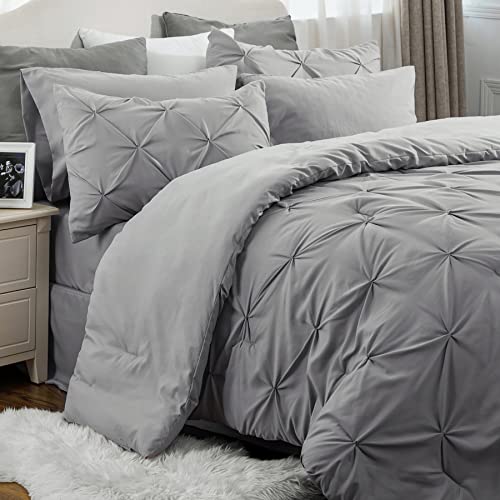 Bedsure 7-Piece Pintuck Comforter Set - Queen Size Grey