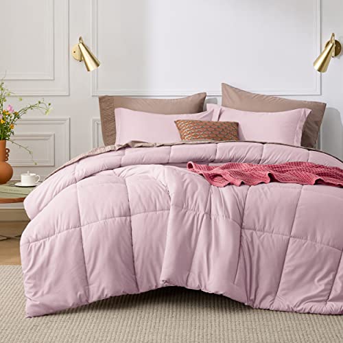 Bedsure Twin/Twin Extra Long Comforter Set - Pink Basket Weave Down Alternative Comforter Set Twin/Twin XL Size, Lightweight All Season Bedding Set with 1 Pillow Sham