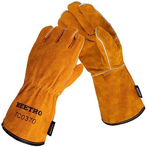 BEETRO Welding Gloves 1 Pair, Cow Leather Forge/Mig/Stick Welder Heat/Fire Resistant, Mitts for Oven/Grill/Fireplace/Furnace/Stove/Pot/Wood Burner/BBQ/Animal handling glove with Soft Lining
