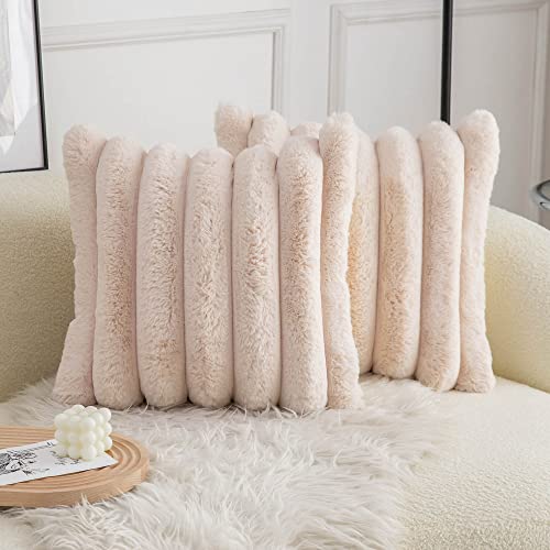 Beige Faux Fur Decorative Pillow Covers